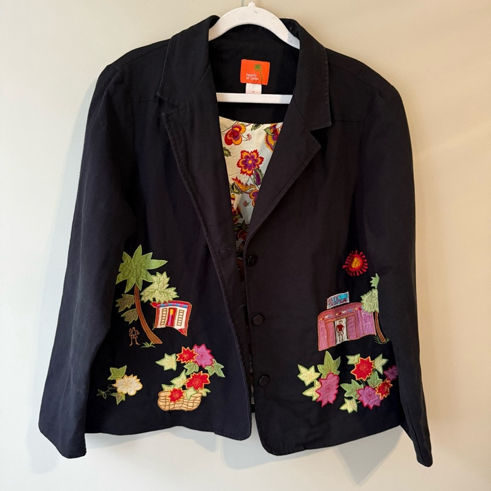 Hearts of Palm Black Tropical Floral Embroidered Cotton Blazer Women’s 16 - Picture 8 of 13